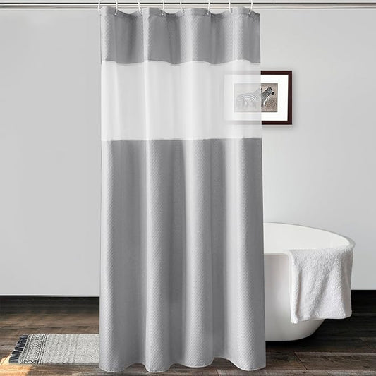 UFRIDAY Grey Waffle Weave Fabric Shower Curtain with Mesh Window Stall Shower Curtain, Heavy Duty Bathroom Curtain with White Pique Pattern, Spa-Like Hotel Luxury, Water-Repellent
