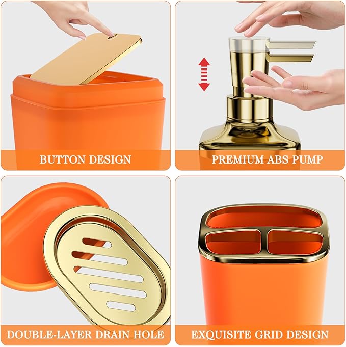 XLHOMO Bathroom Accessories Set - 25PC Bathroom Set with Shower Curtain and Rugs, Orange Bathroom Set, Bathroom Accessory Set with Press-on Lid Trash Can, Soap Dispenser and Qtip Holders
