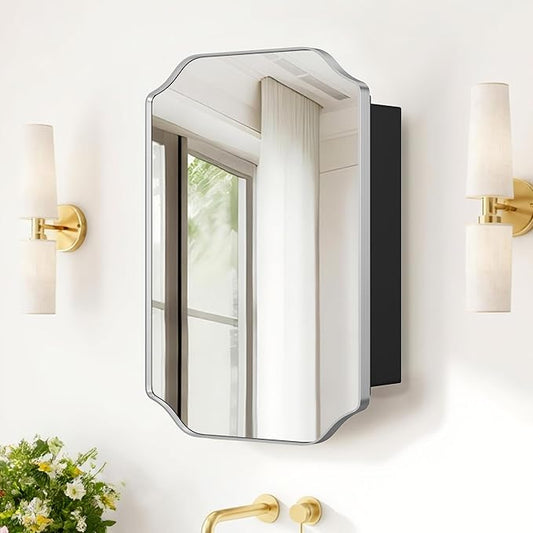 SogesHome Recessed Bathroom Mirror Medicine Cabinet with Storage, 15.7 x 23.6 Inch Wall Mounted Modern Octagon Vanity Organizer with Shelves, Space-Saving Elegant Bathroom Storage, Silver