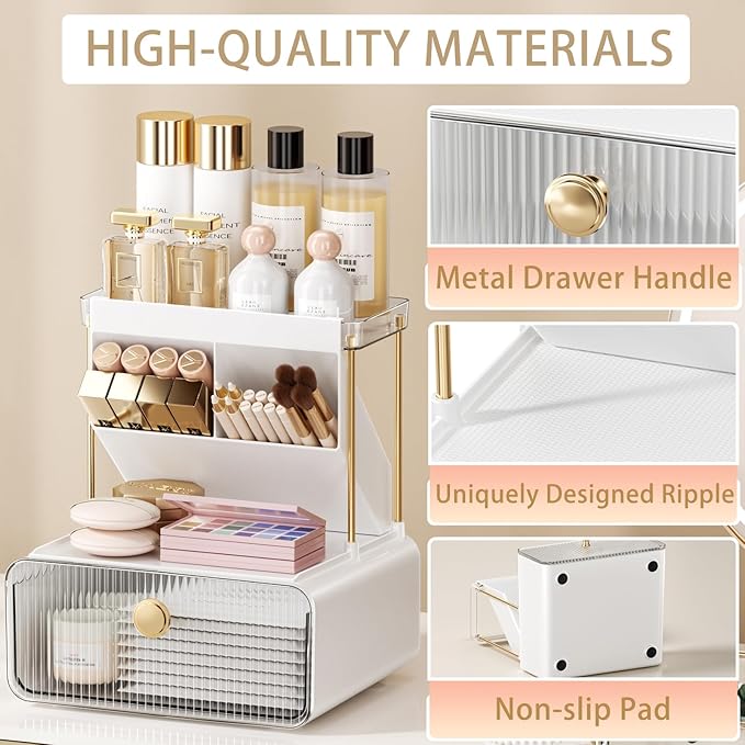 Makeup Organizer with Drawer for Vanity, 2 Tier 5 Zones Cosmetic Display Case Detachable, Cosmetic Storage Perfume Shelf for Bathroom Counter, Perfect Storage Solution for Your Beauty Essential(Clear)