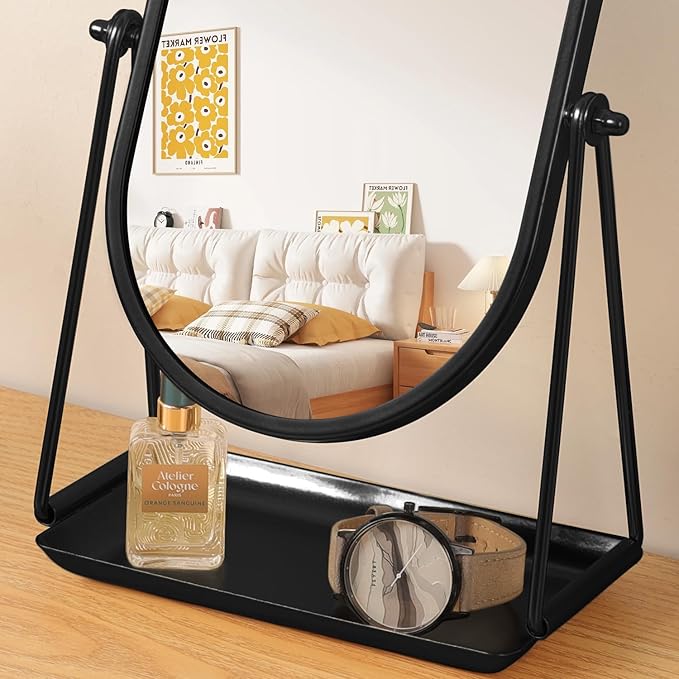 Desk Table Mirror with Stand Portable Vanity Tabletop Mirrors Black Metal Framed Oval Makeup Mirror 360°Adjust Rotate Cosmetic Mirrors Good for Office Bedroom Bathroom Dorm