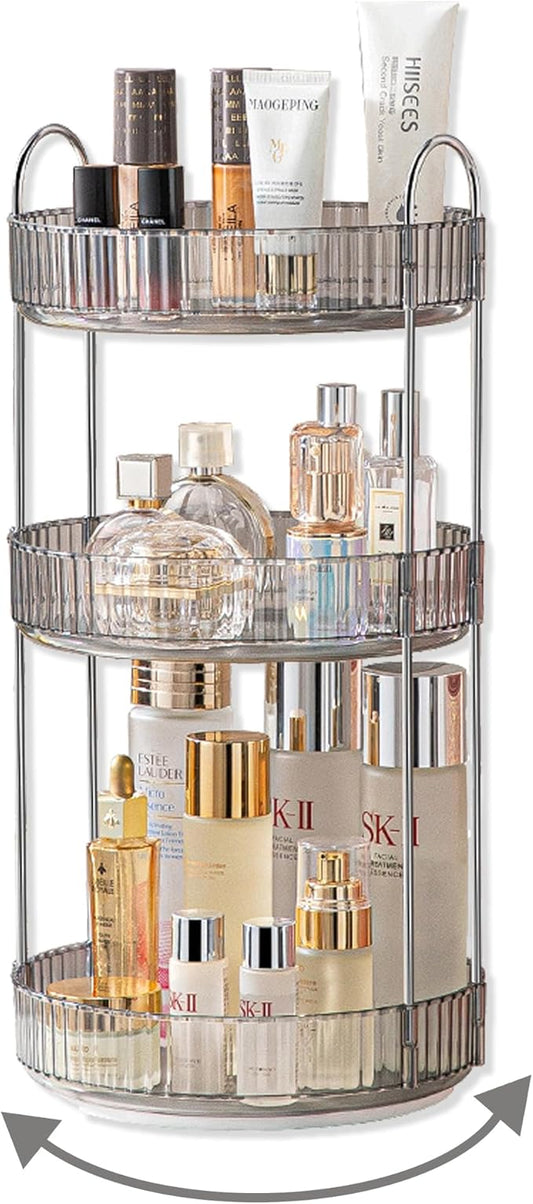 Asayuee 360 Rotating Makeup Organizer,3 Tier Large Capacity Make Up Organizers and Storage,Makeup Organizer for Bathroom,Cosmetic Perfume Stand Organizer(Grey-3 Tier)