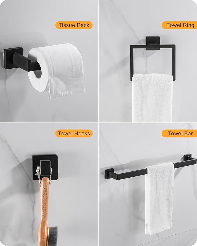 Bathroom Hardware Set Square,5 Pieces Bathroom Hardware Accessories Set Includs16 inch Towel bar, Towel Ring, Toilet Paper Holder, Towel Hooks (Black-5PCS-16Inch)