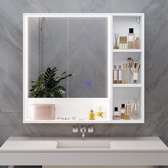 Hasuit Lighted Medicine Cabinet with Mirror and Shelves, Modern Bathroom Medicine Cabinet with Open Storage, Aluminum Channel LED Lights, 31.5'' x 30.7'', White