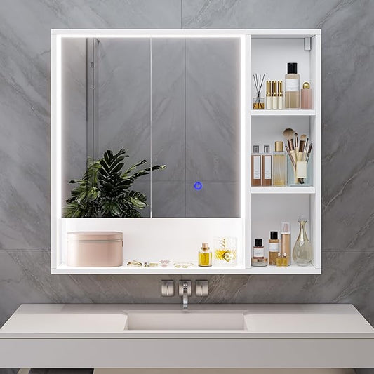 Hasuit Lighted Medicine Cabinet with Mirror and Shelves, Modern Bathroom Medicine Cabinet with Open Storage, Aluminum Channel LED Lights, 31.5'' x 30.7'', White
