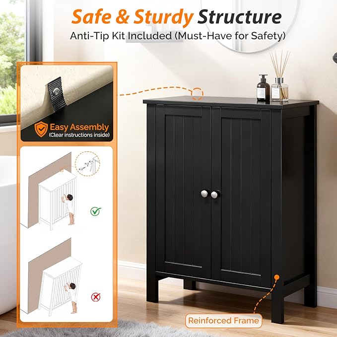 Bonnlo Free Standing Bathroom Cabinet, Modern Black Storage Cabinet with Doors, Small Wooden Floor Cabinet Sideboard for Hallway, Bedroom, Kitchen Organization, 31.5 Inch High