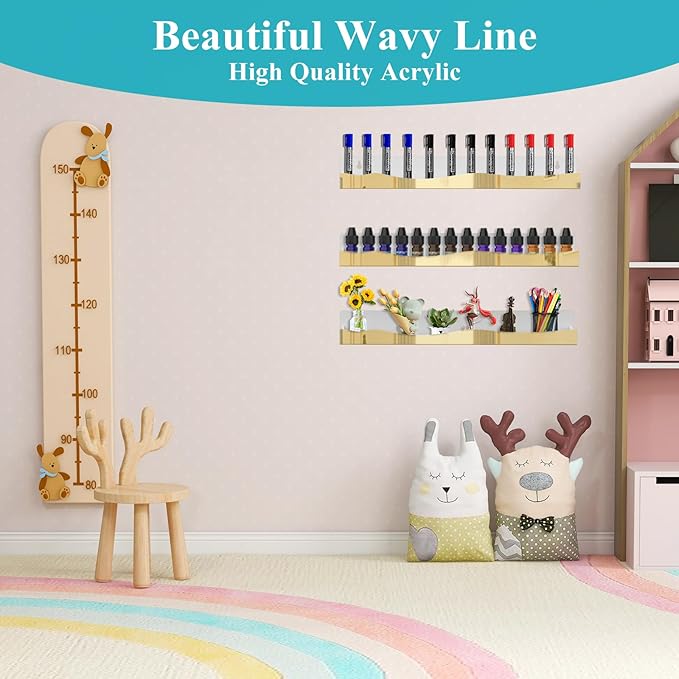 6 Pack Nail Polish Wall Rack Mirror Gold Acrylic Wall Mount Ledges with Stopper 15 Inch Kids Bookshelf Tattoo Ink Essential Oils Figurine Display Shelves Spice Rack for Salons Retailers Home
