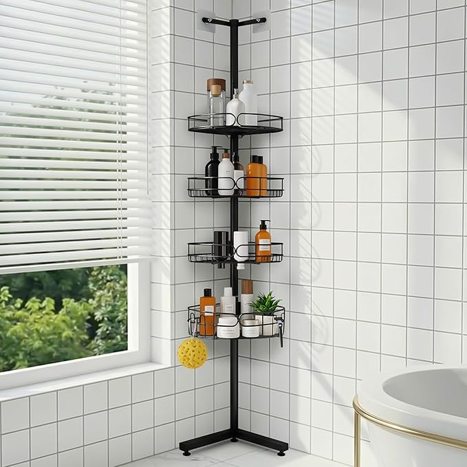 Standing Shower Caddy, 4-Tier Adjustable Height Bathroom Organizer, 6-Section Pole, Sturdy Floor Standing Shelf for Shower or Bathtub – No Drilling, No Spring Tension