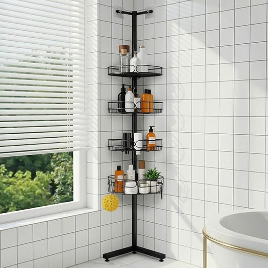 Standing Shower Caddy, 4-Tier Adjustable Height Bathroom Organizer, 6-Section Pole, Sturdy Floor Standing Shelf for Shower or Bathtub – No Drilling, No Spring Tension