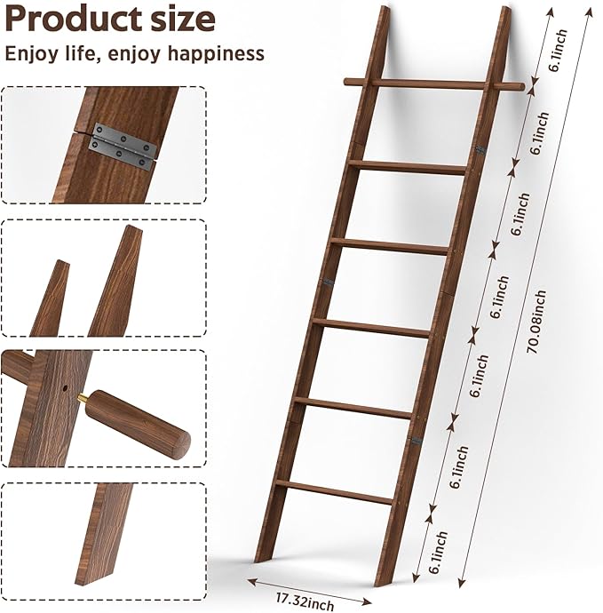 Farmhouse Wooden Blanket Ladder with Removable Hooks, 6-Tier Rustic Blanket Rack Decorative Stand, Leaning Towel Quilt Rack Holder for Bathroom Living Room Decor Brown
