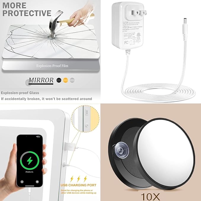 Gvnkvn Makeup Vanity Mirror 24" x 19" Large LED Makeup Mirror, Desk Mirorr with Lights, Light up Mirror with 10X Magnification and, Dimmable 3 Modes, Touch Control White