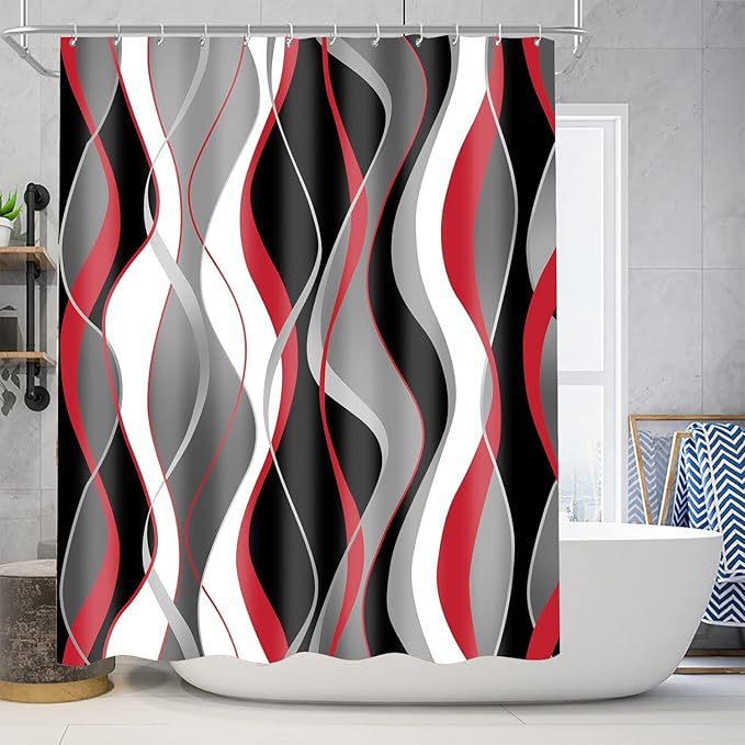 Nkzply 4 Pcs Red and Black Shower Curtain Set Grey and White Bathroom Sets with Shower Curtain and Rugs Modern Striped Bathroom Decor Accessories Shower Curtains for Bathroom Toilet Lid Cover Hooks
