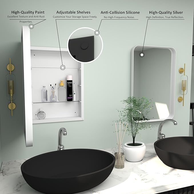 16”Wx24”H Farmhouse Framed Medicine Cabinet with Mirror, Matte White Finish, Recessed or Surface Mount, Adjustable Shelves, Rounded Rectangle Bathroom Medicine Cabinet,Install Left or Right