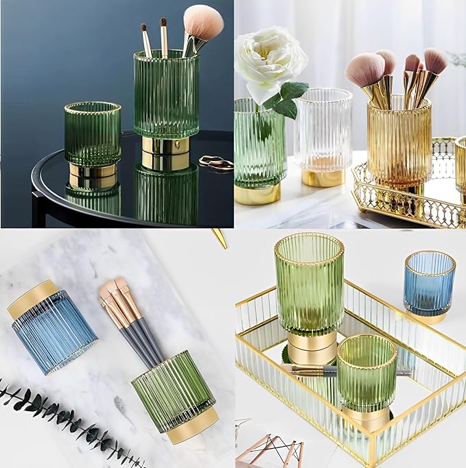 Makeup Brush Holder Organizer, Heavy Crystal Glass Brush Storage Holder, Vintage Cosmetic Make Up Bathroom Brushes Cup Pen Pencil Toothbrush Holder Striped Vase (S+L (amber))