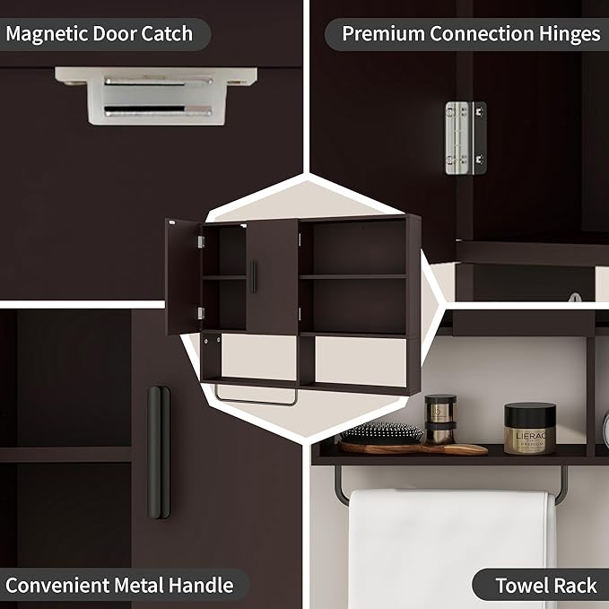 Medicine Cabinet, Wooden Bathroom Wall Cabinet with 2 Doors, Adjustable Shelves & Towel Bar, Over Toilet Storage Cabinet Wall Mounted for Kitchen & Laundry, Espresso