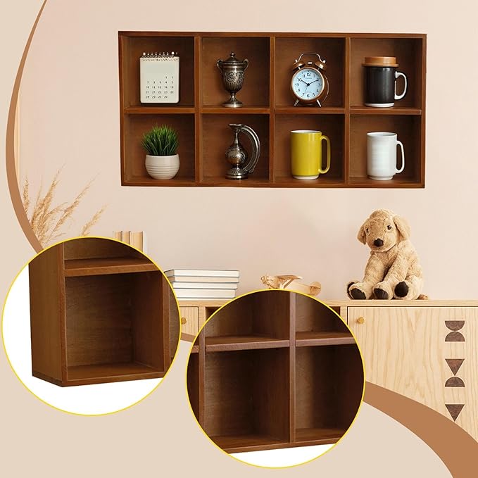 Wooden Display Shelf for Wall Display Case 8 Grids Wall Mounted Home Decoration Shelf for Bathroom Indoor