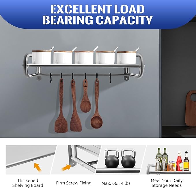 Metal Wall Shelf, 20 Inch Metal Wall Shelves with Hook Storage Shelf Suitable for Use in Kitchen, Living Room, Study, Balcony, Restaurants, Bathroom (Silver)