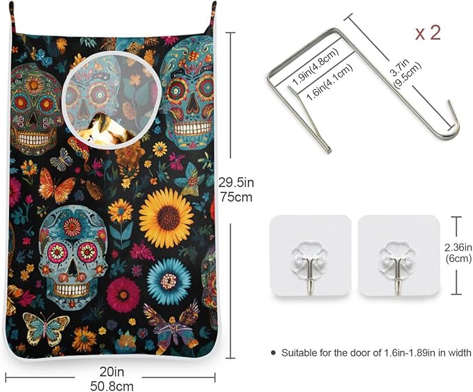 Mexican Skulls and Flowers Hanging Laundry Hamper Door Hampers Bag Basket with Stainless Steel Hooks Oxford Fabric Printing Decorative Clothes Bags 29.5X20inch 2Pack