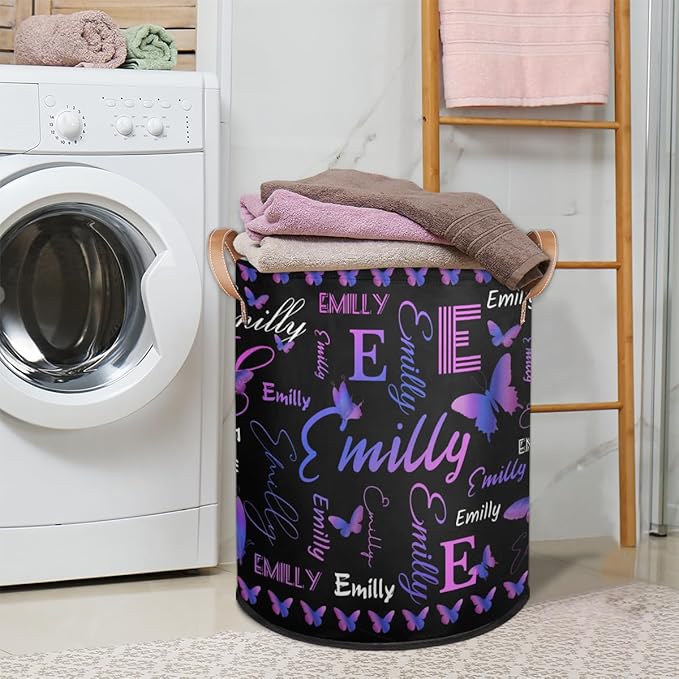 Custom Purple Butterfly Laundry Hamper, Personalized Laundry Baskets with Handles Dirty Clothes Hamper Storage Basket