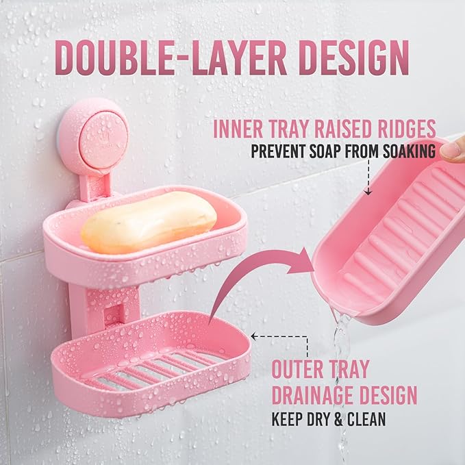 TAILI Soap Holder Soap Dish for Shower, Suction Cup Soap Holder for Shower Wall, Bathroom Accessories, Removable Strong Hold Soap Saver, Drill Free Double Soap Dish, Pink 2 Layer
