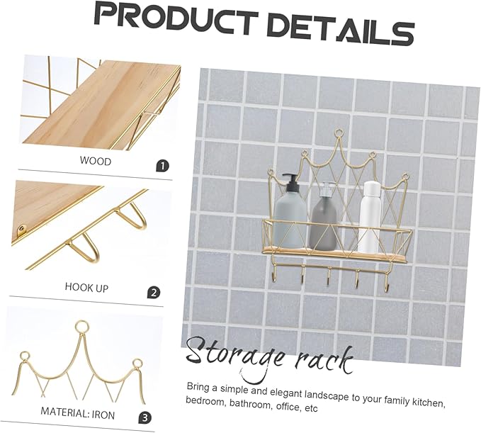 ULTECHNOVO Crown Shaped Wall Hook Storage Rack Iron Decorative Shelf for Bathroom Living Room Bedroom Wall Art Organizer with Hooks Stylish Home Decor