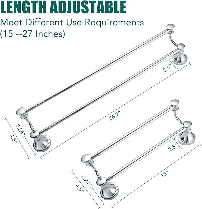 Hoimpro Adjustable Retractable 15-27 Inches Stainless Steel Bathroom Towel Bar, Bathroom Accessories Bath Hotel Double Towel Bar Rod Hanger Wall Mounted Towel Holder Towel Rack, Polished Chrome