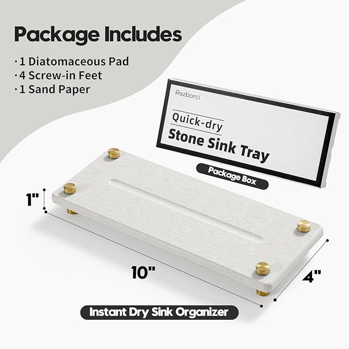 Razborci Stone Drying Tray, Gold Sink Caddy, Water Absorbing Faucet Mat Kitchen Sink Organizer, Diatomite Bathroom Counter Coaster, Soap Dish Rack Riser Dispenser Sponge Holder, Beige 10" x 4"