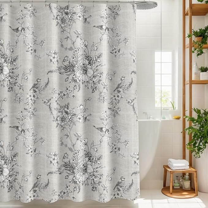 MUGINYU Black Vintage Floral Linen Shower Curtain - Bird & Leaf Print Pattern Farmhouse Rustic Toile Shower Curtains for Bathroom - French Country Bathroom Decor,72x72 Bath Curtain