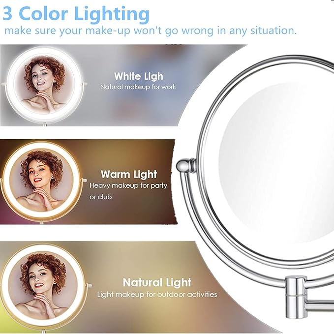 Hardwire LED Lighted Wall Magnifying Mirror for Bathroom with 10x Magnification Sliver,9 Inch Round Surface 13" Extendable Arm Polish Chrome
