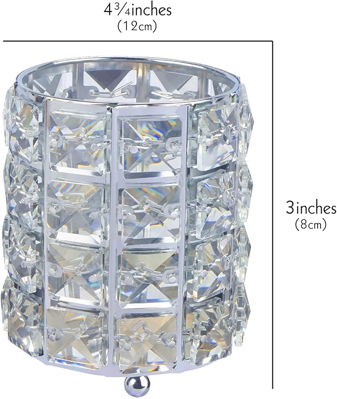 LUEXBOX 4 PCS Crystal Makeup Brush Holder, Bling Makeup Tools Organizer, Round Cosmetics Brush Storage Container for Table, Dresser, Bathroom, Bedroom Organization (Silver)