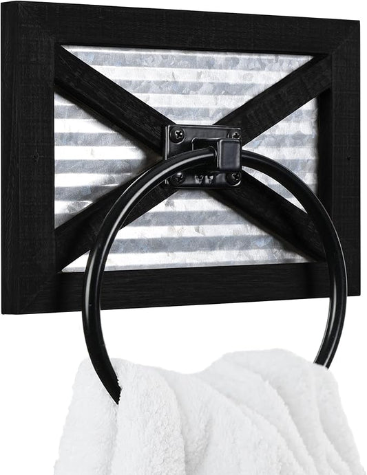 Autumn Alley Farmhouse Decor Hand Towel Ring for Bathroom - Rustic Hand Towel Holder - Rustic Towel Rack Ring Holder, Wall Mounted, Bathroom Decor Towels Mix of Wood, Galvanized Metal, Black Wood