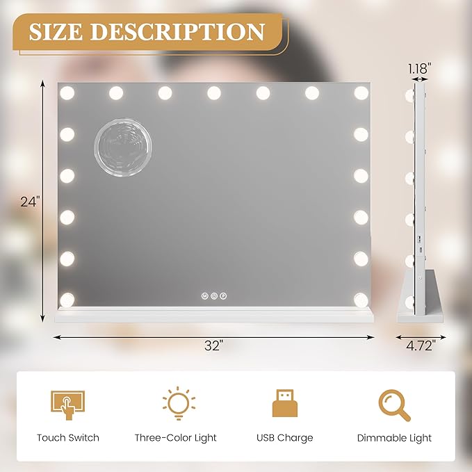 Vanity Mirror with Lights, 32" x 24" Makeup Mirror with Lights, Hollywood Lighted Vanity Mirrors with 15 Dimmable LED Bulbs, 3 Color Modes, Light up Mirror with Touch Control for Bedroom, Tabletop