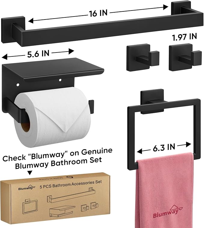 BlumWay 5-Pieces Matte Black Bathroom Accessories Set, 16 Inch Bathroom Hardware Set, SUS304 Stainless Steel, Toilet Paper Holder,Towel Racks for Bathroom Wall Mounted