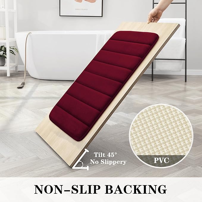 BYSURE Burgundy Memory Foam Bath Mats, Non Slip Extra Soft Absorbent Machine WashableToilet Bathroom Rug Set 3 Piece (20"x32"+24"x44"+U Shape 20"x24")