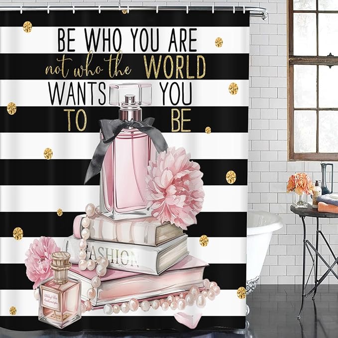 ArtSocket Woman Girl Inspirational Quotes Bathroom Set with Shower Curtain and Bath Rugs and Accessories,Pink Fashion Floral Non-Slip Shower Curtain Set,Bathroom Decor 3 Pcs