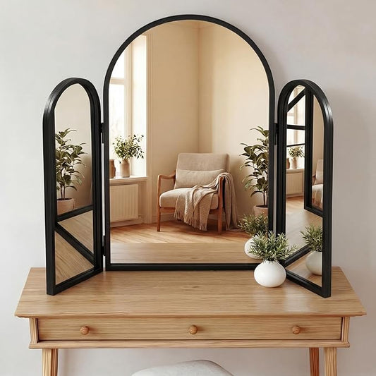 Wonderjune Trifold Vanity Mirrors 3 Way, 30 x 37 in Adjustable Arch Trifold Mirror for Bathroom Bedroom, Decorative Folding 3 Sided Mirror Wall Mounted for Braiding Hair Makeup (Black)