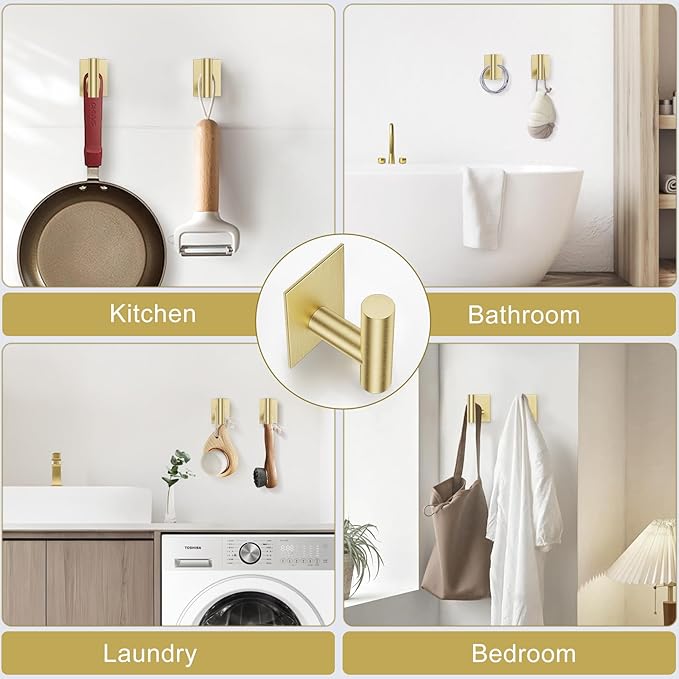 Lairuier 4-Piece Bathroom Hardware Set, Brushed Gold Towel Holder Set Include Adhesive or Screw Towel Bar, Toilet Paper Holder and 2 Towel Hooks, Stainless Steel Wall Mounted Bathroom Accessories