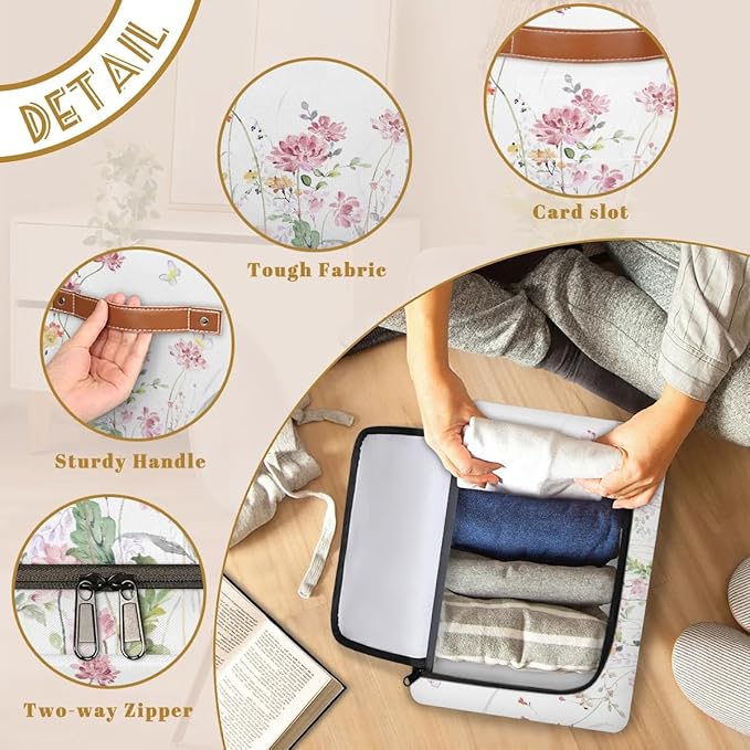 Boho Floral Flowers Storage Basket - Rectangular Decorative Box Collapsible Organizer with Zipper Lid, Watercolor Butterfly Bin with Handles for Girl Woman Her Bedroom, 24L