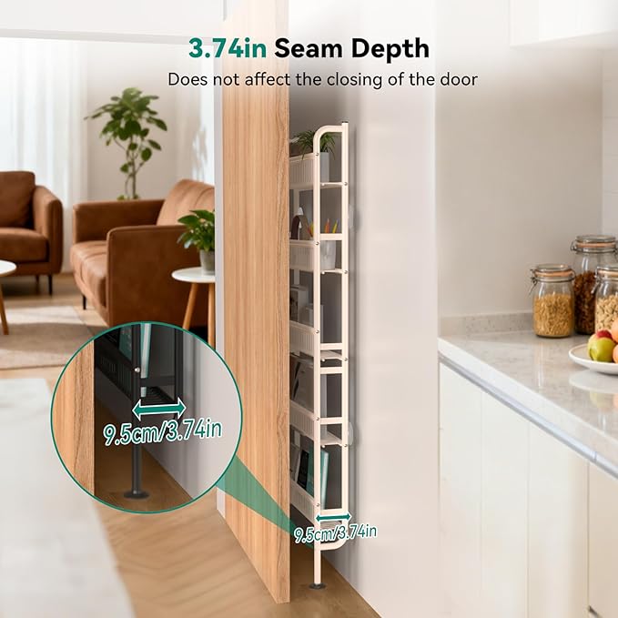NECHEGE Slim Shelf Behind Door Storage Rack, 5-Tier Multi-Purpose Space-Saving Organizer for Bathroom, Kitchen, Living Room-Sturdy Metal Bookshelf for Narrow Spaces