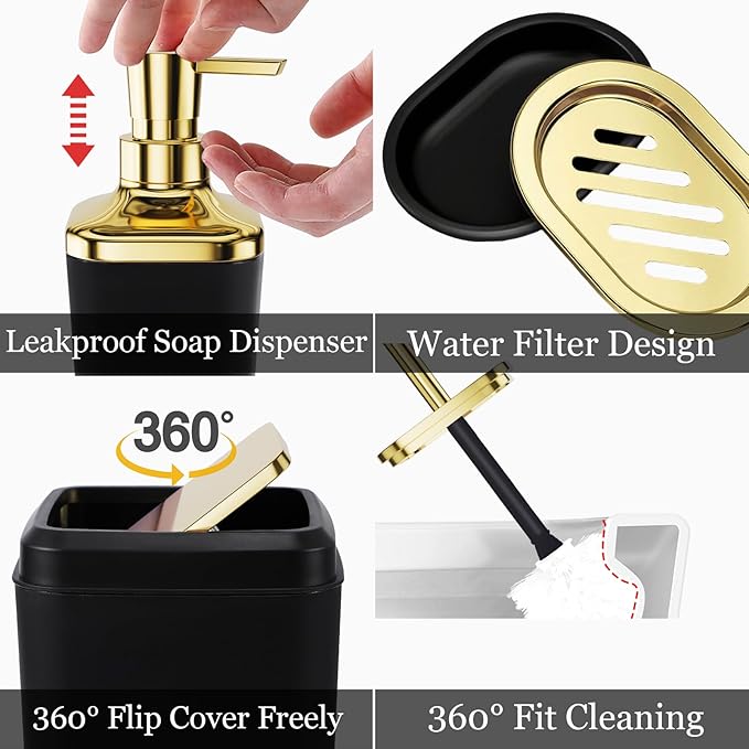 XLHOMO Bathroom Set - Black and Gold Bathroom Accessories, Bathroom Sets with Shower Curtain and Rugs, Black Shower Curtain Set with Bathroom Trash Can, Soap Dispenser, Soap Dish for Home Decor