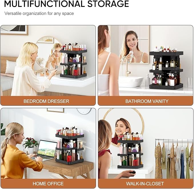 360 Rotating Makeup Organizer - Black Acrylic Makeup Storage for Vanity, Cosmetic Organizer with Lotion and Perfume Holder for Dresser