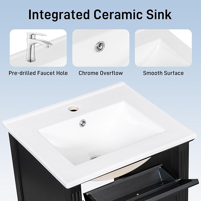 Virubi 20 in Small Bathroom Vanity with Sink,Soft Closing Door,Tilt-Out Drawer and Adjustable Shelf,Solid Wood Modern Single Bathroom Sink Cabinet,Freestanding (Black)