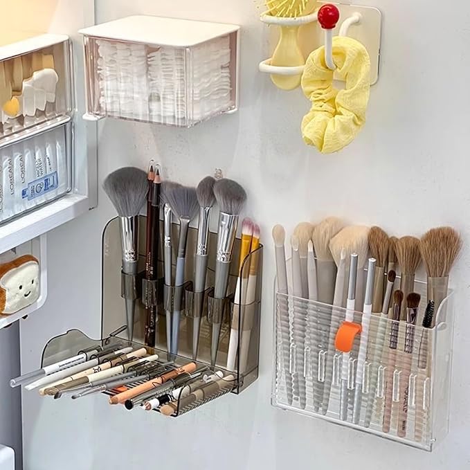 Wall-Mounted Makeup Organizers, 16-Slot Eyeliner Lip Liner Organizer Holder, Open Easy-Access Design, Space-Saving Bathroom Makeup Brush Storage Rack, Transparent Brown