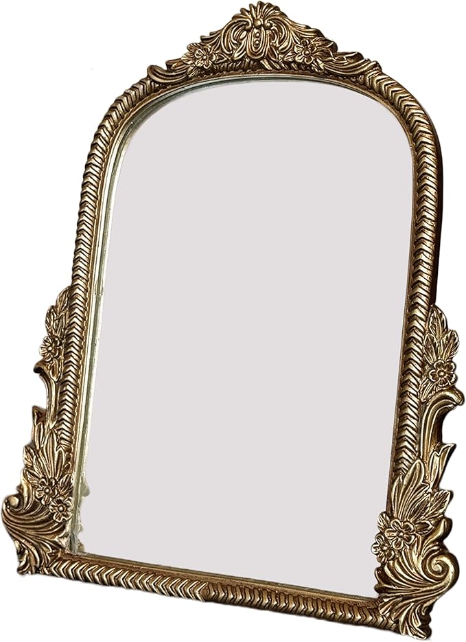 Baroque Champagne Gold Vintage Vanity Mirror 13x10 Inch, Wall-Mounted & Tabletop Dual-Use, Ornate Gold Accent Retro Decorative Mirror for Bedroom Dresser, Bathroom, Living Room and Dorm
