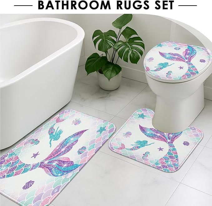 ArtSocket Pink Mermaid Tail Scales Bathroom Set with Shower Curtain and Rugs Accessories Sea Turtle Seahorse Octopus Conch Shower Curtain Set Cute Summer Bathroom Decor 4 Pcs