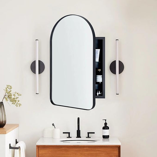 Matt Black Arched Recessed Bathroom Medicine Cabinet with Mirror Stainless Steel Metal Framed Rectangular Bathroom Cabinet with Mirror 20x30''
