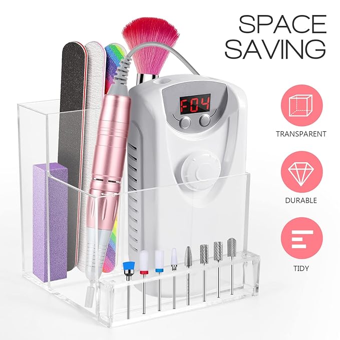 FRCOLOR Nail Drill Bits Holder Stand Display Organizer 10 Holes Transparent Storage Box for Nail Art Polishing Grinding Drill Bit 4.1inch