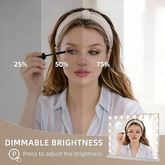 Large Vanity Mirror with Lights, 26"x20.87" Hollywood Mirror with 10X Magnification, 18 Dimmable LED Bulbs & 3 Color Lighting Modes Makeup Vanity Mirror for Desk Wall-Mounted