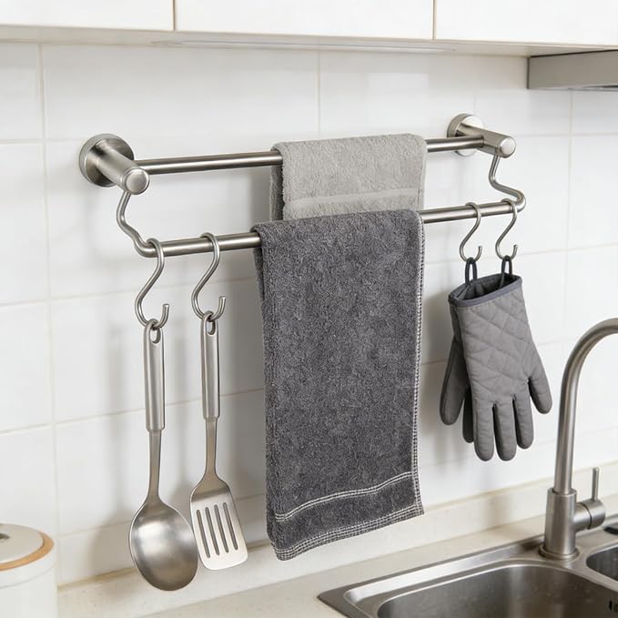 TocTen Double Bath Towel Bar - Thicken SUS304 Stainless Steel Towel Rack for Bathroom, Bathroom Accessories Double Towel Rod Heavy Duty Wall Mounted Towel Holder (Brushed Nickel, 16 in)