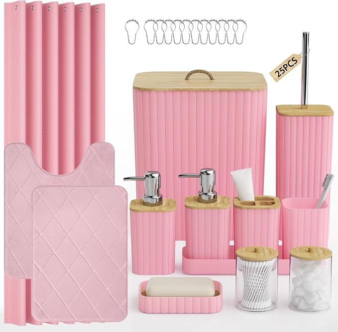 Bathroom Accessory Set - 25PC Bathroom Sets with Shower Curtain and Rugs, Pink Bathroom Set, Bathroom Accessories Set, Shower Curtain Sets with Rugs, Bathroom Trash Can & Soap Dispenser